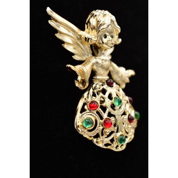 Tancer II Vintage Angel Pin Brooch Red Green Cabochon Christmas Signed Bin5B - Picture 3 of 12